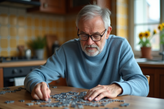 Homme d'âge moyen assemble un puzzle dans une cuisine chaleureuse