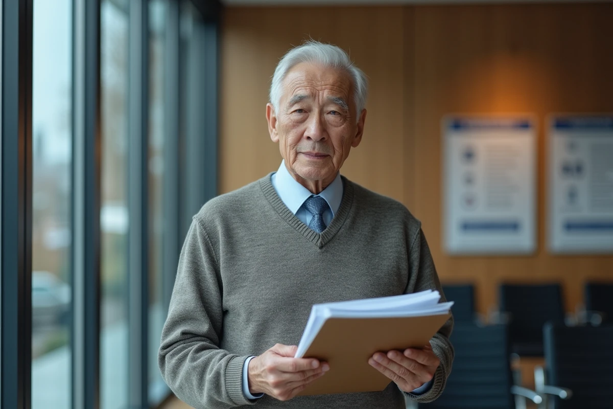 Homme âgé tenant un dossier de papiers dans un bureau administratif