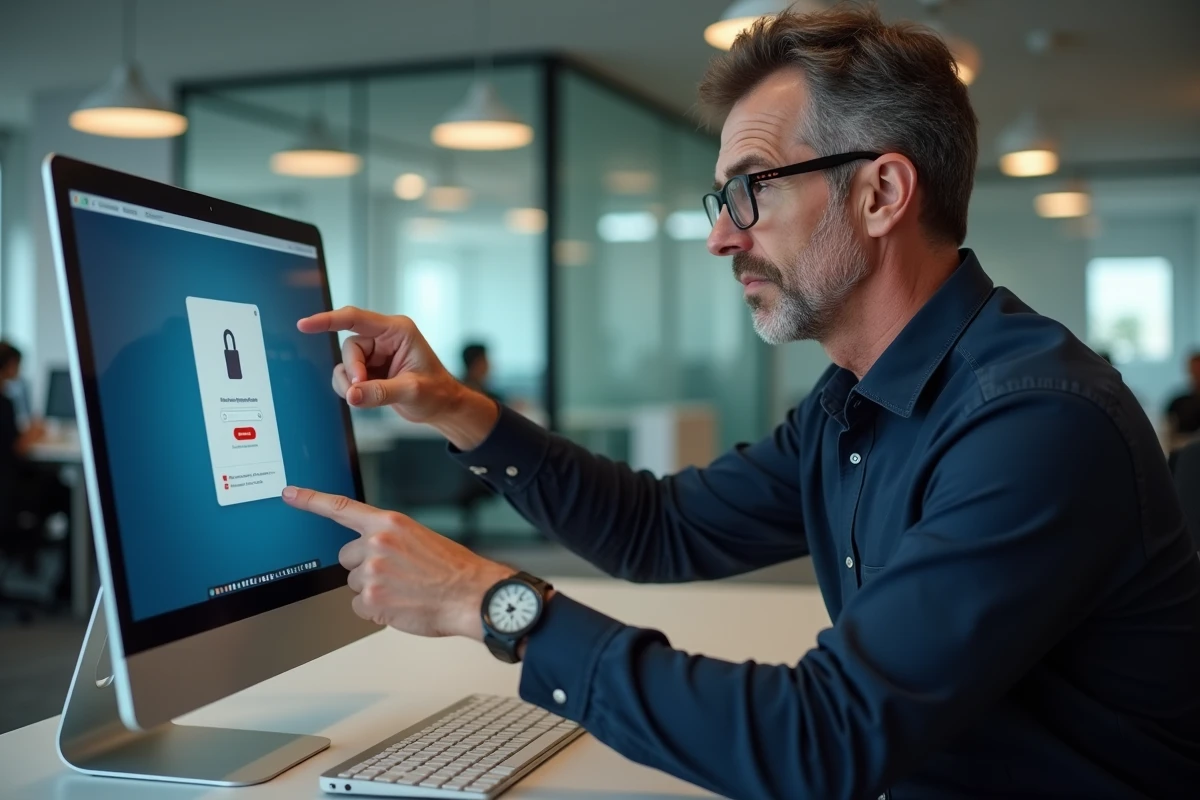 Homme en bureau d'entreprise indiquant une erreur d'authentification sur un écran de connexion