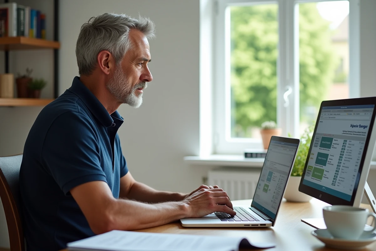 Homme consultant un comparatif de chèques-vacances Agirc-Arrco sur ordinateur portable avec brochure papier dans un bureau à domicile