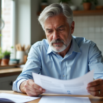 Homme concentré lisant des documents santé et assurance