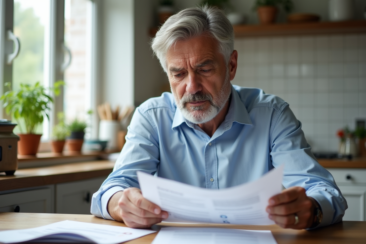 Homme concentré lisant des documents santé et assurance