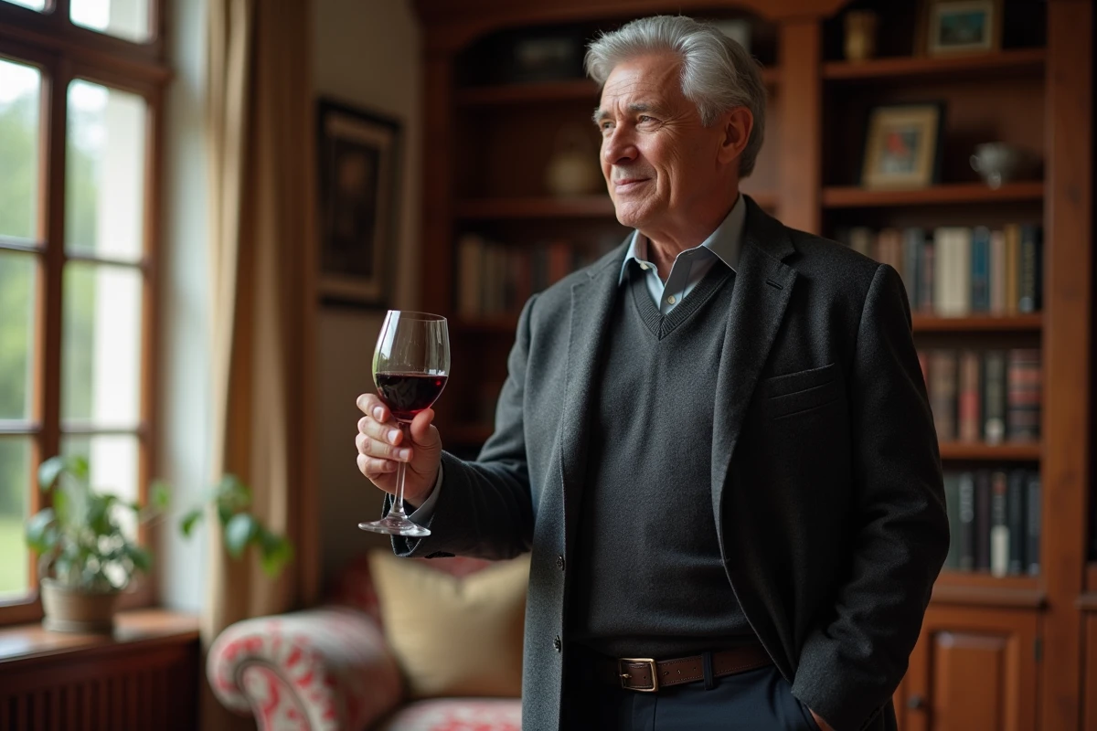 Homme distingué aux tempes grises tenant un verre de vin rouge près d'une fenêtre en arche, dans un intérieur élégant évoquant un nouveau chapitre sentimental