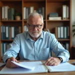 Homme de 58 ans consultant son dossier de retraite à son bureau à domicile, illustrant les démarches pour valider 172 trimestres
