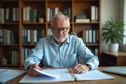 Homme de 58 ans consultant son dossier de retraite à son bureau à domicile, illustrant les démarches pour valider 172 trimestres