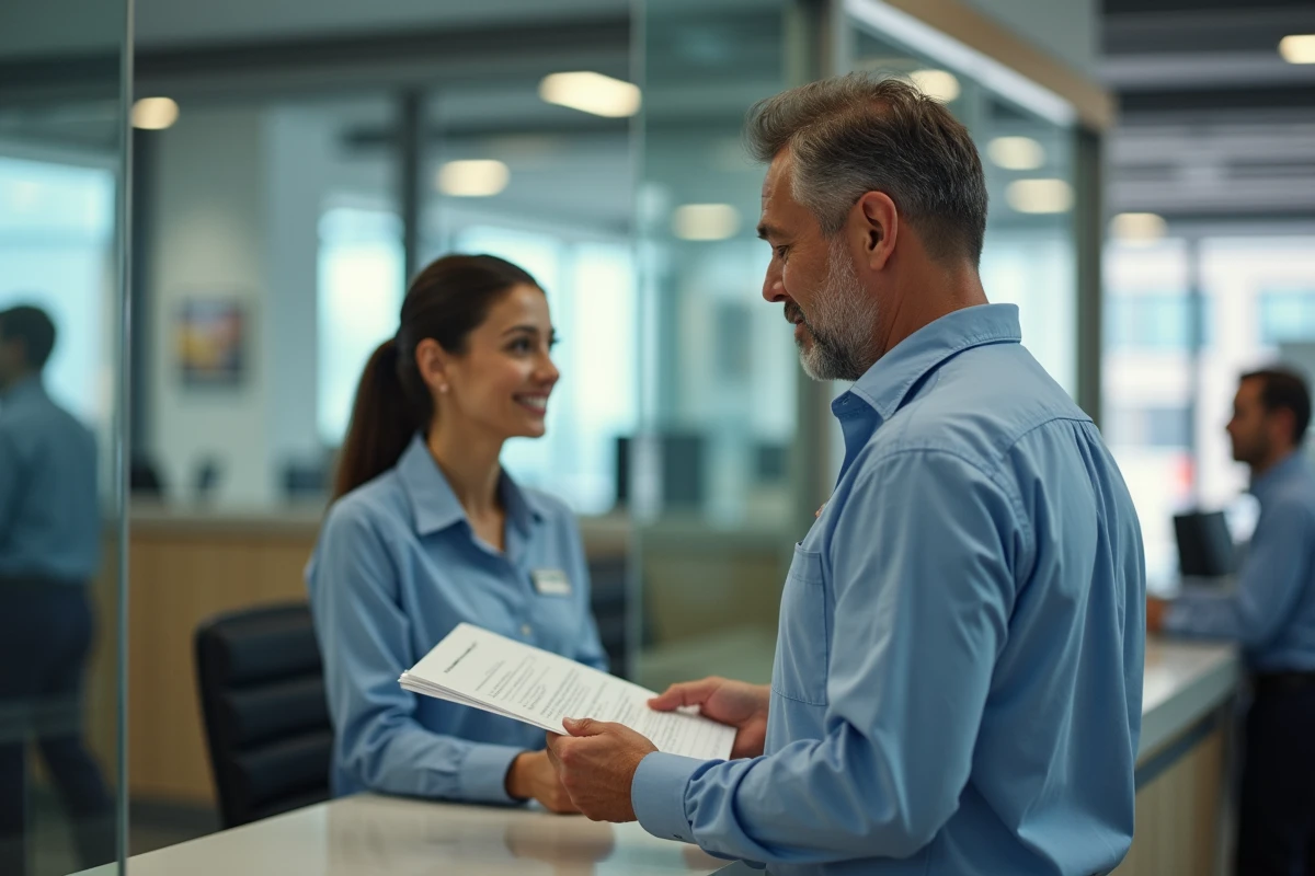 Homme remettant des documents à un agent administratif