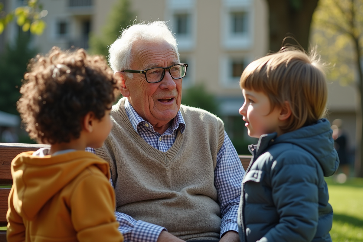 Homme âgé discutant avec deux enfants dans un parc