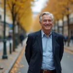 Homme élégant aux cheveux argentés se promenant sur un boulevard parisien en automne, évoquant une nouvelle sérénité sentimentale