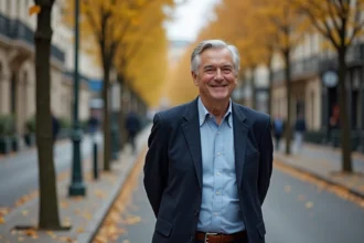 Homme élégant aux cheveux argentés se promenant sur un boulevard parisien en automne, évoquant une nouvelle sérénité sentimentale