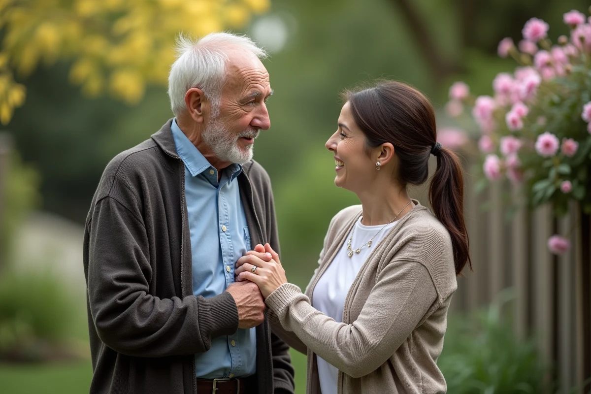Homme âgé parlant avec une femme dans un jardin verdoyant