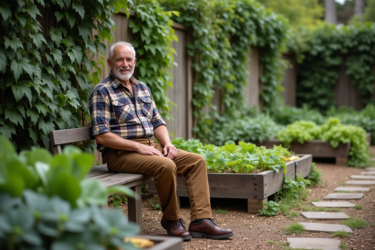 Homme âgé assis près de ses planters de légumes
