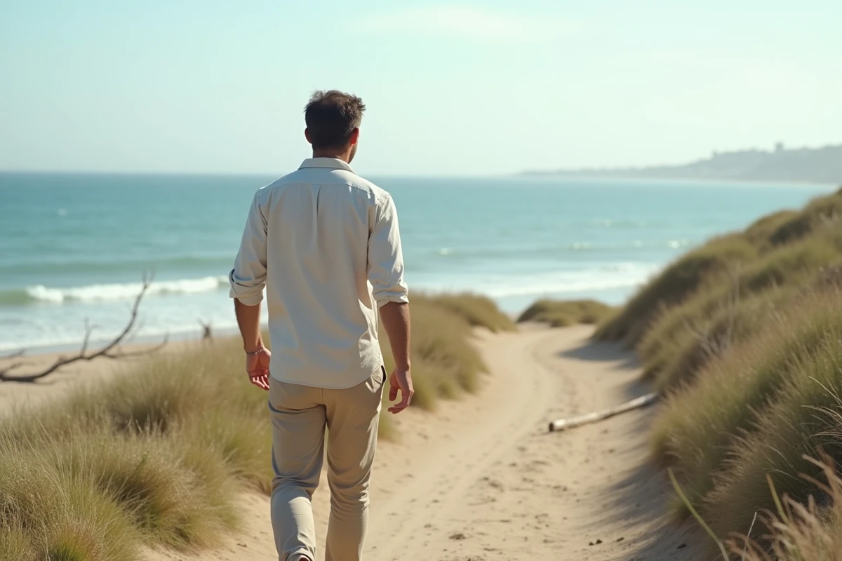 Homme de 53 ans marche sur chemin côtier au bord de la mer