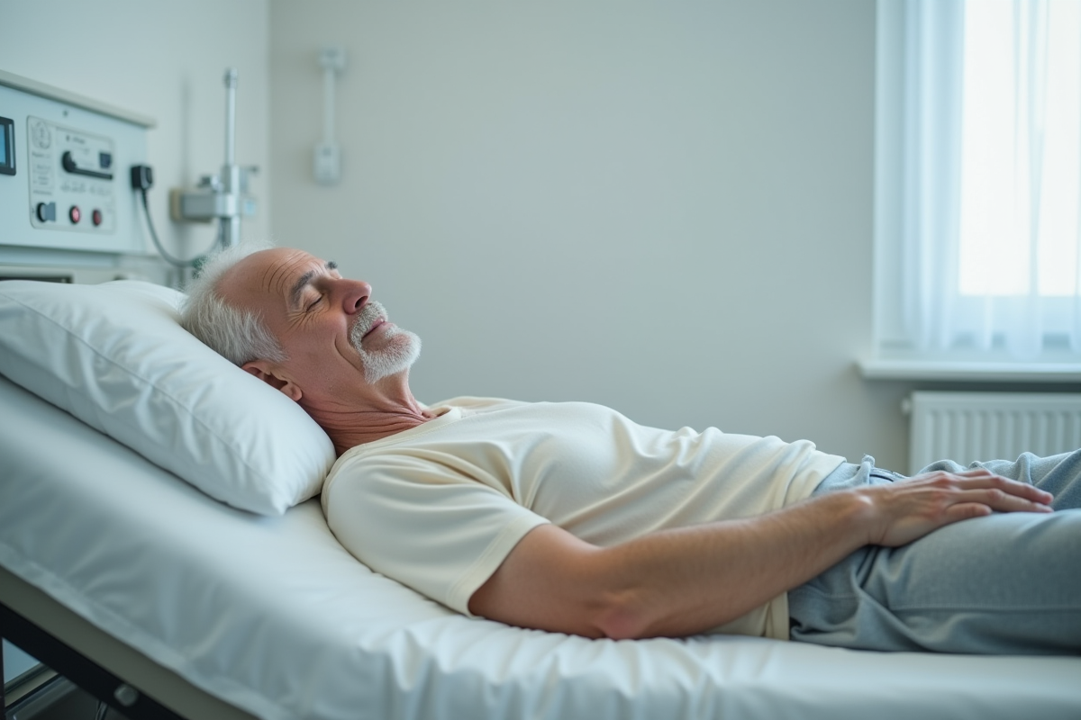 Homme âgé reposant sur un matelas médical dans une chambre