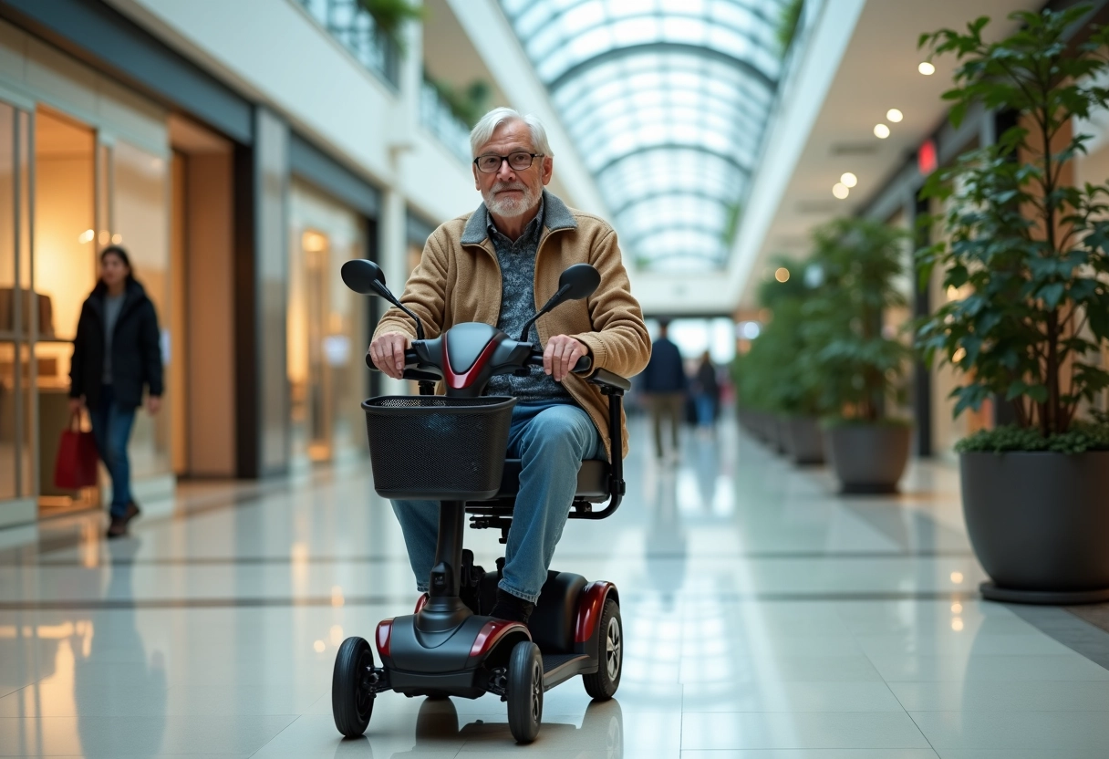 Homme âgé manœuvrant un scooter électrique dans un centre commercial