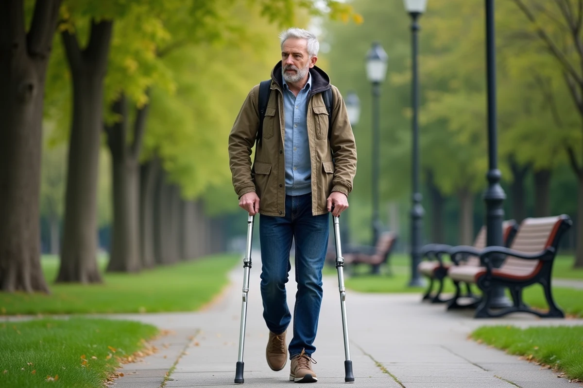 Homme d age moyen avec canne dans un parc urbain