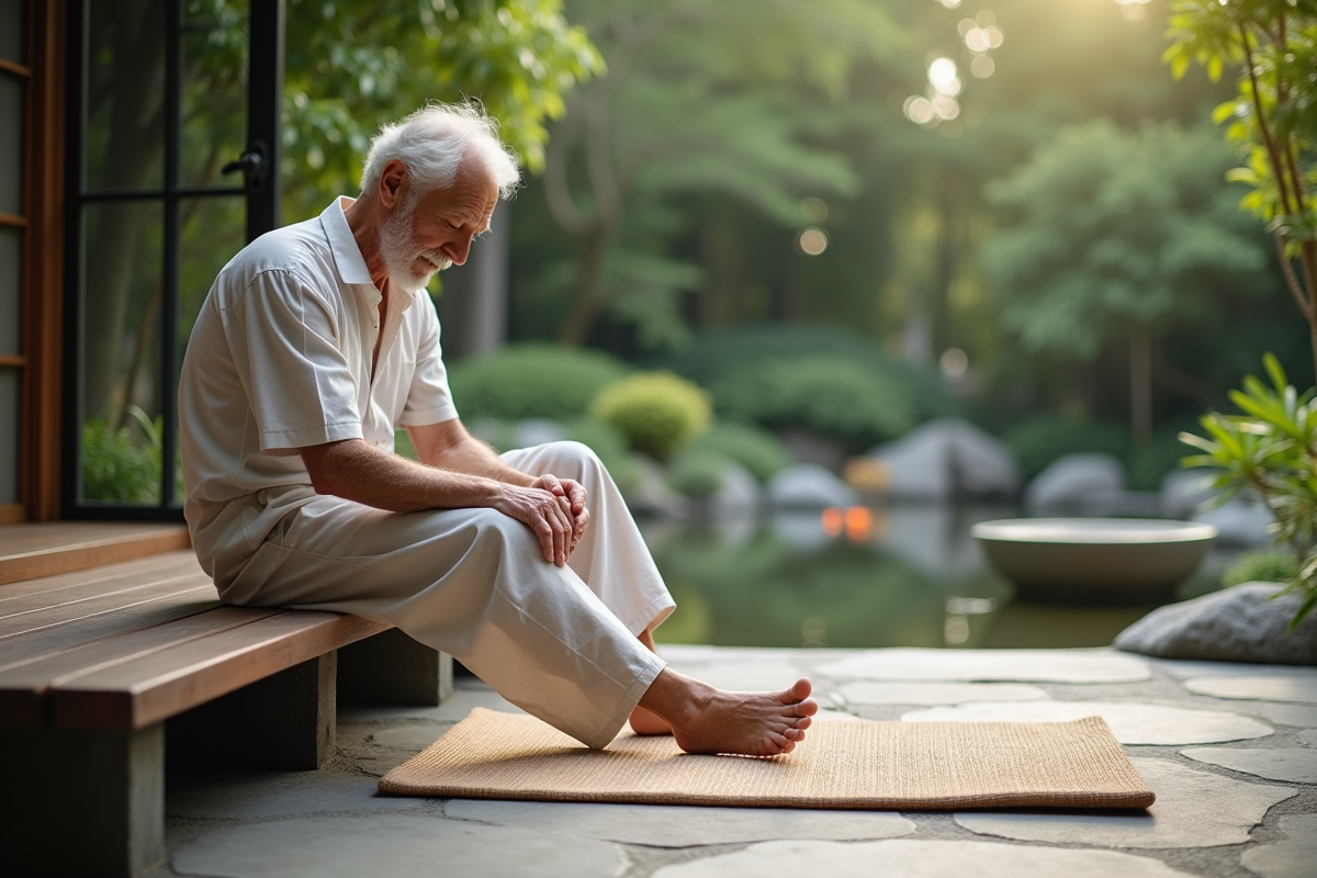 Homme âgé assis sur un banc dans un jardin avec un tapis d