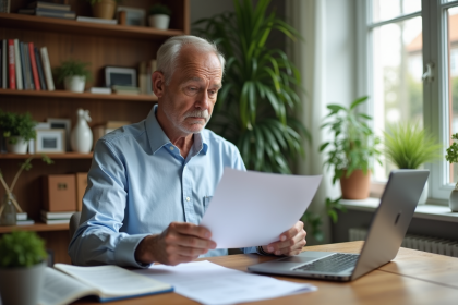 Homme d'âge moyen en bureau à domicile examinant des documents de retraite