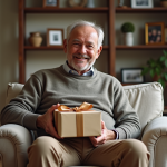 Homme souriant déballant un cadeau de retraite dans un salon chaleureux