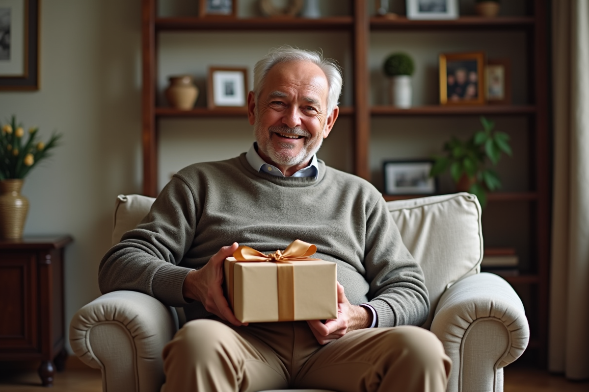 Homme souriant déballant un cadeau de retraite dans un salon chaleureux
