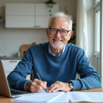 Homme d'une soixantaine lisant des papiers de retraite