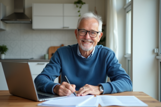 Homme d'une soixantaine lisant des papiers de retraite