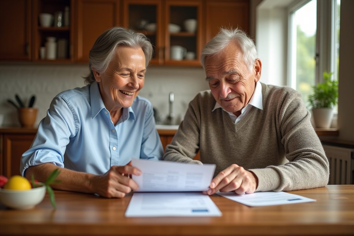 Homme âgé vérifiant une facture avec une aide à domicile dans la cuisine