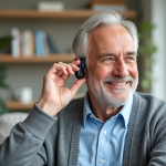 Homme senior ajustant un appareil auditif dans un salon lumineux