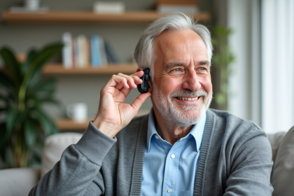 Homme senior ajustant un appareil auditif dans un salon lumineux