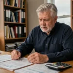 Homme senior consultant des documents de retraite et fin de droits au chômage à son bureau à domicile