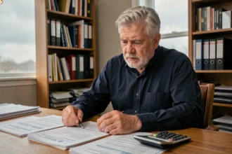 Homme senior consultant des documents de retraite et fin de droits au chômage à son bureau à domicile