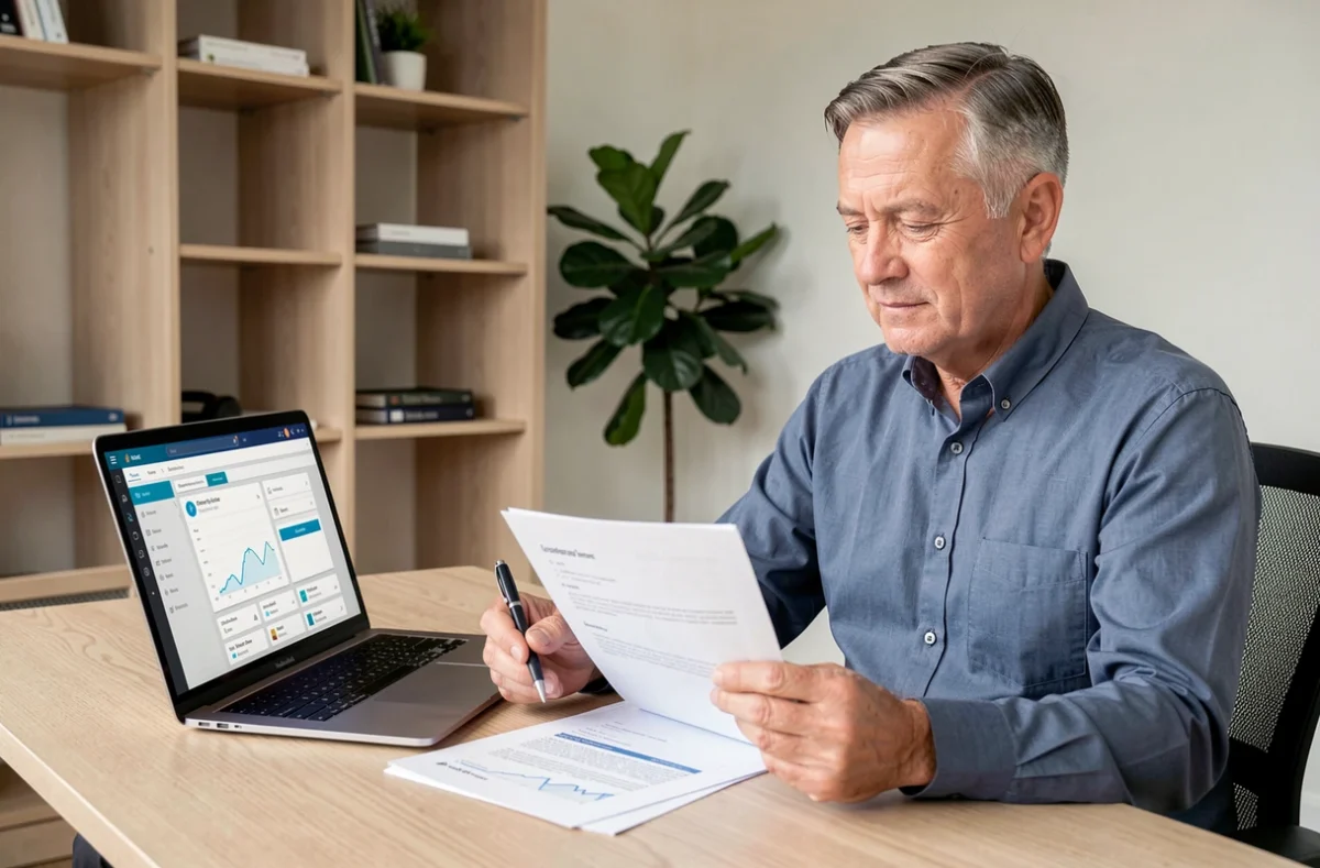 Homme senior gérant une curatelle à domicile avec un ordinateur portable et des documents administratifs via l'application Mon Proxima
