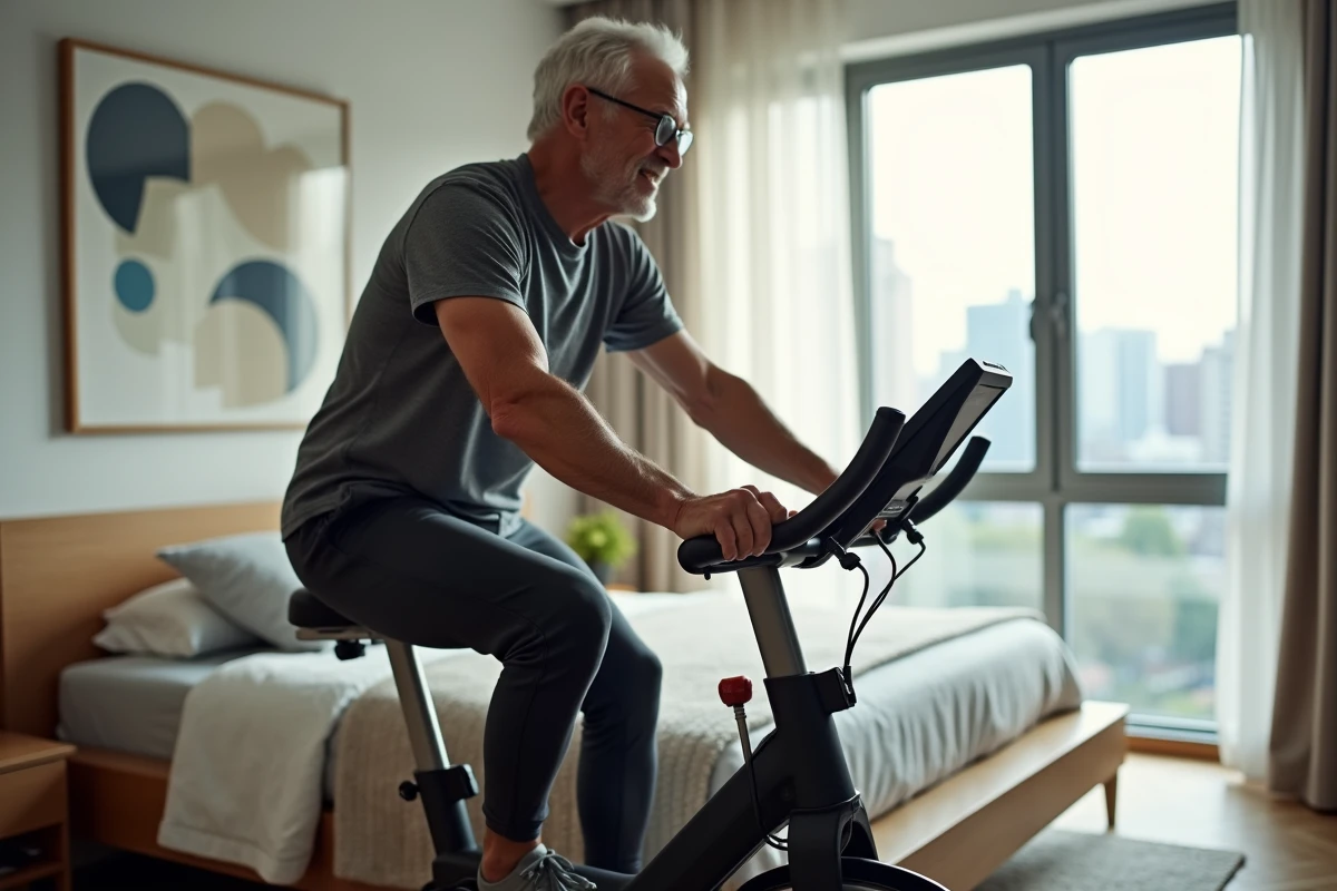 Homme senior utilisant un vélo d