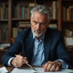 Homme d'âge moyen examinant une petite cuillère en argent