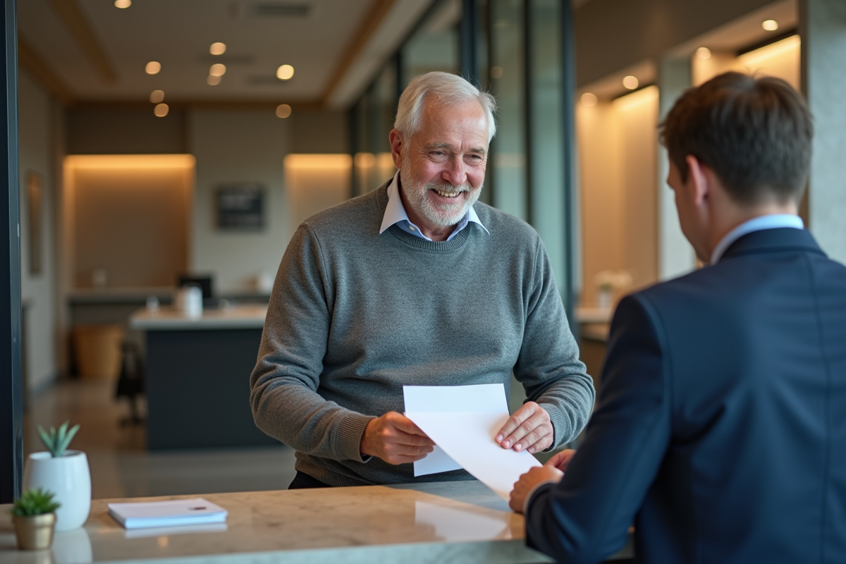 Homme âgé remettant un formulaire à un conseiller bancaire