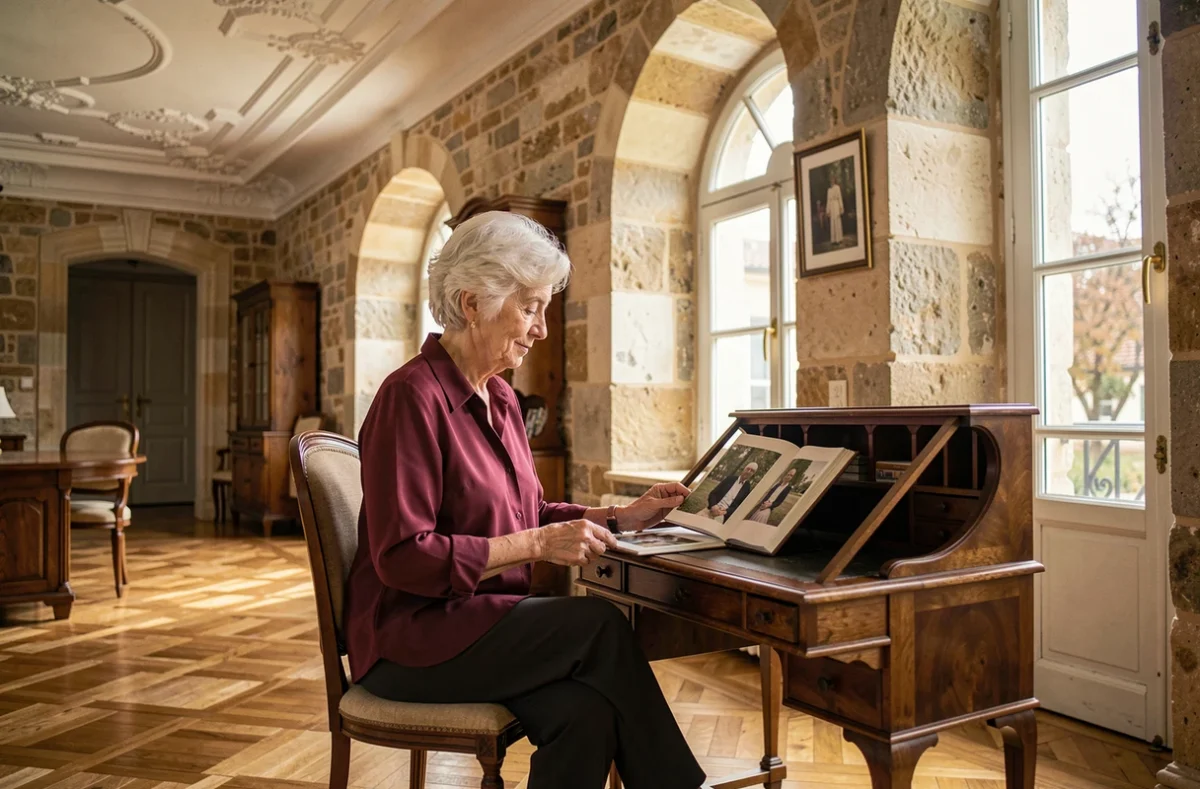 Résidente senior dans le cadre restauré d'Idylia La Renaissance, avec architecture historique en pierre, parquet et moulures classiques