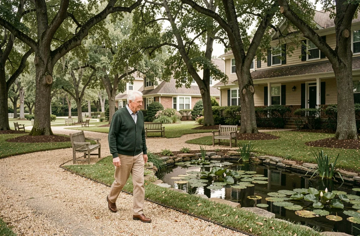 Résident senior se promenant dans le parc arboré d'IDYLIA Le Parc de Morchêne, avec un étang ornemental et des chemins boisés