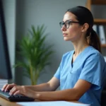Infirmière utilisant le logiciel NETSoins DomusVi pour intégrer un protocole de soins sur ordinateur dans un bureau de maison de retraite