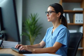 Infirmière utilisant le logiciel NETSoins DomusVi pour intégrer un protocole de soins sur ordinateur dans un bureau de maison de retraite