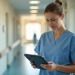 Infirmière en EHPAD consultant une application de suivi des résidents sur tablette dans un couloir de soins