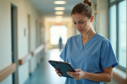 Infirmière en EHPAD consultant une application de suivi des résidents sur tablette dans un couloir de soins