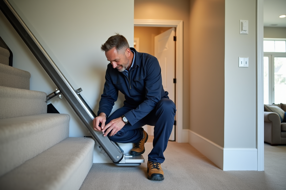 Technicien professionnel ajustant un monte-escalier dans une maison