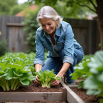 Femme moyenne âge inspectant ses légumes dans le jardin