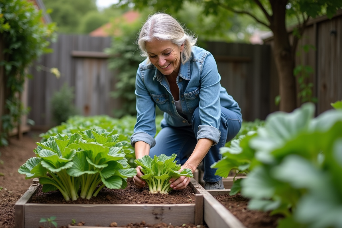 Femme moyenne âge inspectant ses légumes dans le jardin
