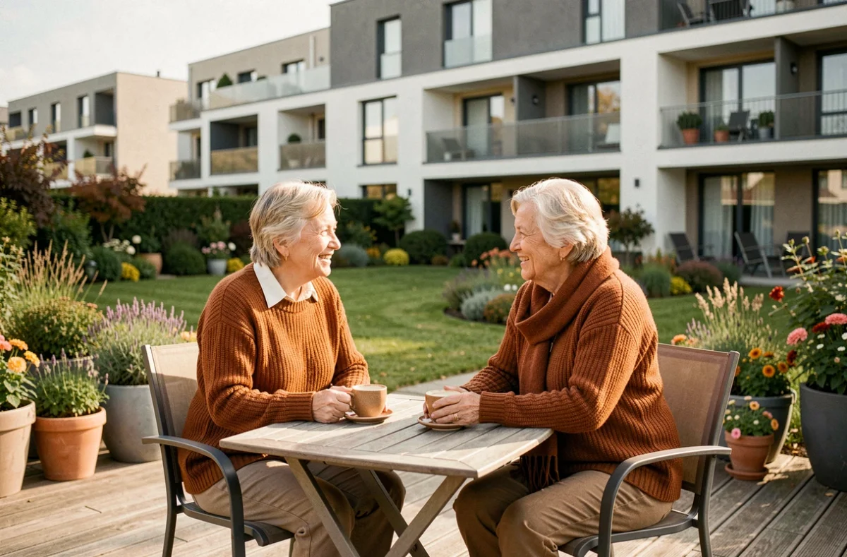 Deux résidentes seniors discutant autour d'un café en terrasse aux Jardins d'Arcadie de Saint-Jean-de-Braye, avec le jardin de la résidence en arrière-plan