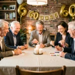 Groupe d'adultes jouant à un jeu de cartes autour d'une table décorée pour un anniversaire 60 ans