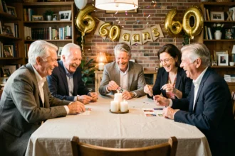 Groupe d'adultes jouant à un jeu de cartes autour d'une table décorée pour un anniversaire 60 ans