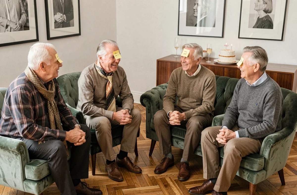 Quatre adultes jouant au jeu des post-it lors d'une soirée anniversaire 60 ans en appartement
