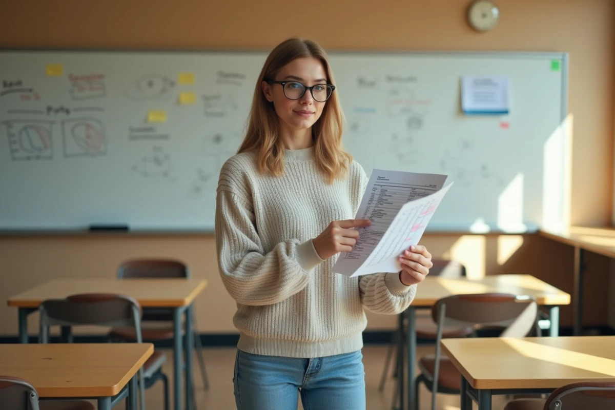 Jeune femme pointant un tableau dans une classe lumineuse