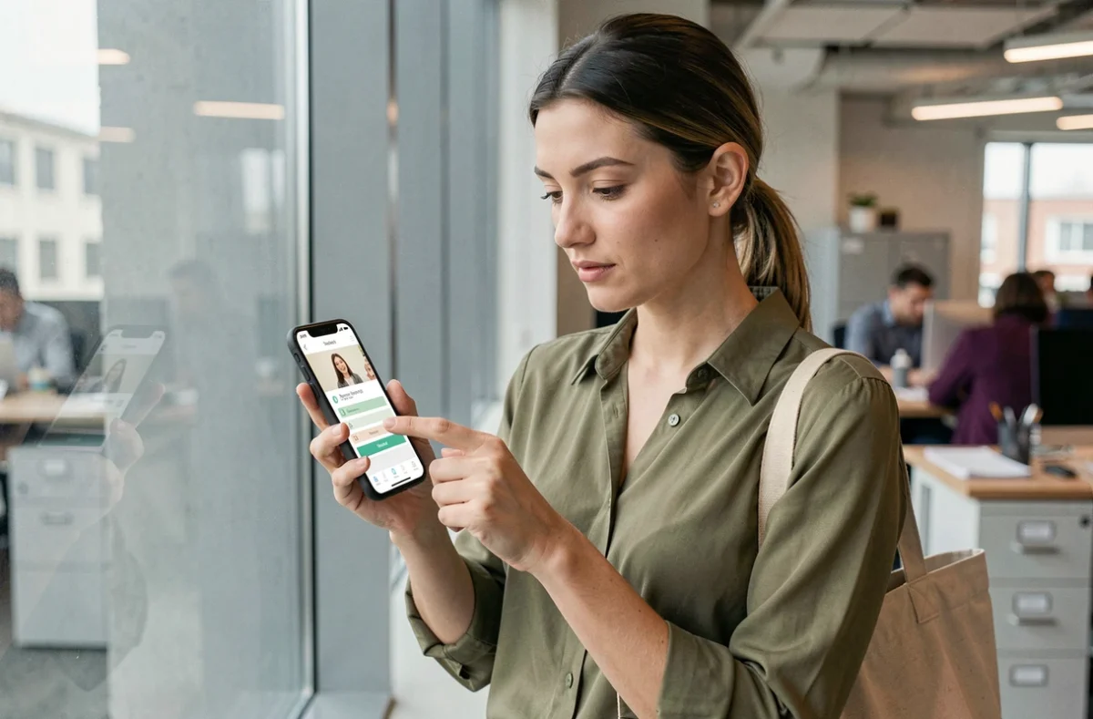Jeune femme consultant l'application Mon Proxima sur smartphone dans un bureau pour accompagner une personne sous curatelle
