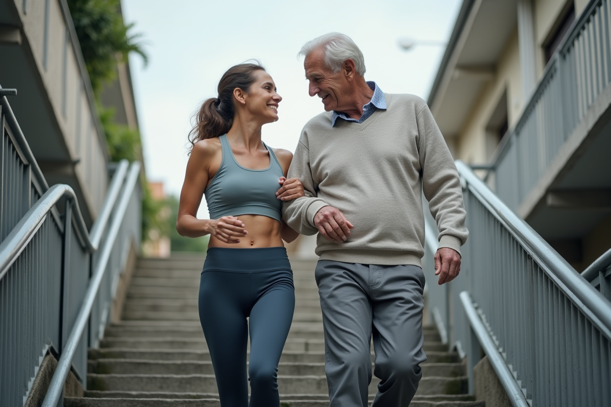 Jeune femme aidant son père à monter des escaliers extérieurs